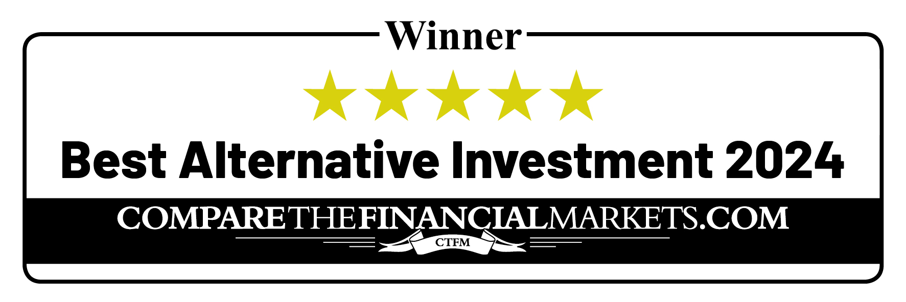 Winner of Best Alternative Investment 2024 awarded by CompareTheFinancialMarkets.com, featuring five gold stars above the text.